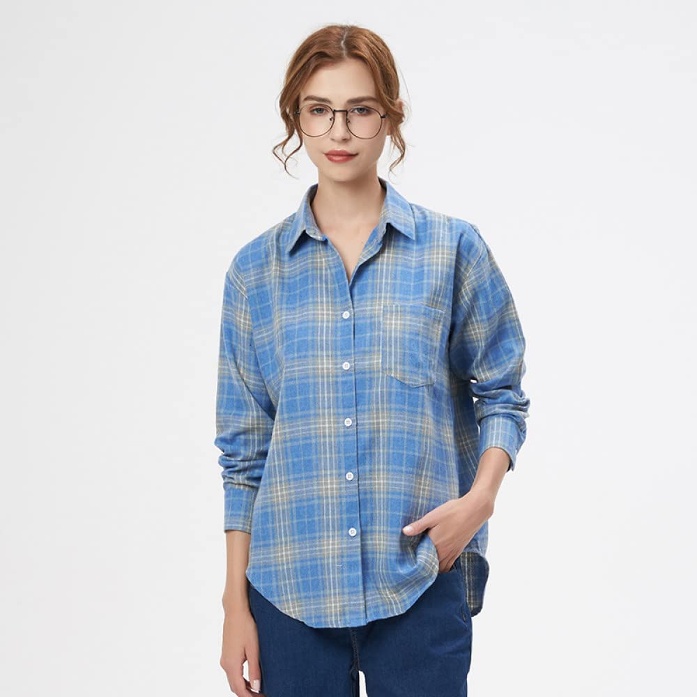MIDJ Blusen Damen,Damenhemd Flanellhemd Retro Hellblau Karierte Hemden Jacke Langarmhemden Schicke Hemden Dicke Leichte Jacken Holzfällerhemden