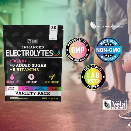 Image of Zeal Naturals Enhanced Electrolyte Powder Stick Packs (Variety Pack - 20 Packets) Sugar Free + BCAA B-Vitamins & Pink Himalayan Salt - Keto Electrolytes, Hydration Powder