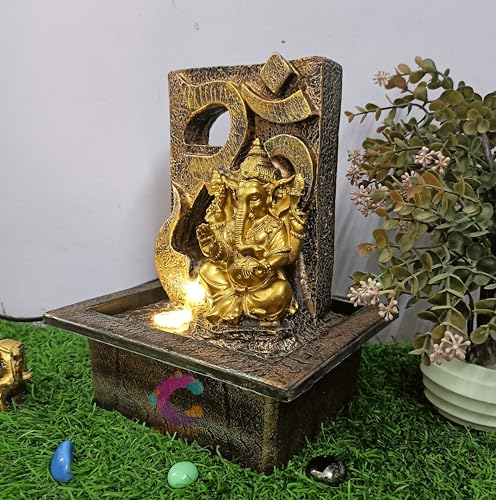 Image of Decorative Water Fountain for Home Decor, Office, Indoor & Outdoor, Garden, Puja Room, Vaastu, Reception, Spa, Gifting. (Gold Ganesh Jr UR-051) with Golden LED