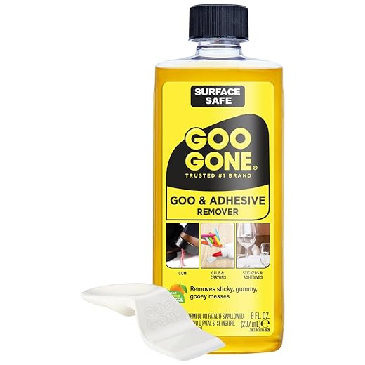 Goo Gone Original Liquid - 8 Ounce - Surface Safe Adhesive Remover Safely Removes Stickers Labels Decals Residue Tape Chewing Gum Grease Tar Crayon Glue