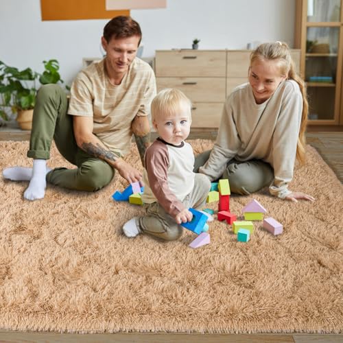 KING DARE 9x12 Area Rug for Living Room Plush Carpet, Soft Fluffy Shaggy Fuzzy Furry Large Beige Rug, Anti-Slip Washable Modern Floor Rug for Bedroom Home Aesthetic Decor