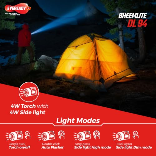 Image of Eveready Bheemlite DL94, 4W Rechargeable LED Torch & 4W Sidelight, USB Type-C Fast Charging, 4 Light Modes, Overcharge & Deep Discharge Protection, Shoulder Strap Included, Powered by Li-ion Battery