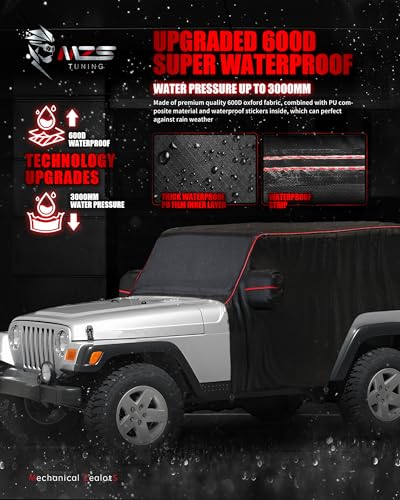 Image of MZS Cab Cover Compatible with Wrangler TJ YJ 2 Door 1986-2006, 600D Waterproof Wrangler Cover with Mirror Pocket 6 Gust Hook Car Half Covers Windproof Sun Snow Rain Scratch Protection