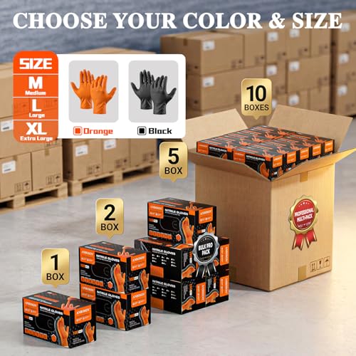 Image of ANBOSON 10 Mil Heavy Duty Industrial Nitrile Gloves, Orange Medium 500 Ct | 500 Ct Diamond Texture, Disposable Latex Free Rubber Gloves for Auto Repair,Workshop,Warehouses,Chemical Handling Industrial