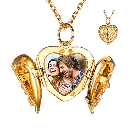 SILVERCUTE Picture Locket Necklace 18K Gold Plated Angel Wing Heart