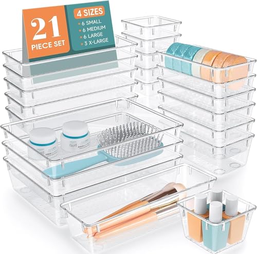 Image of Clear Plastic Drawer Organizers Set, 4-Size Versatile Bathroom and Vanity Drawer Organizer Trays, Storage Bins for Makeup, Bedroom, Kitchen Gadgets Utensils and Office (21 PC SET)