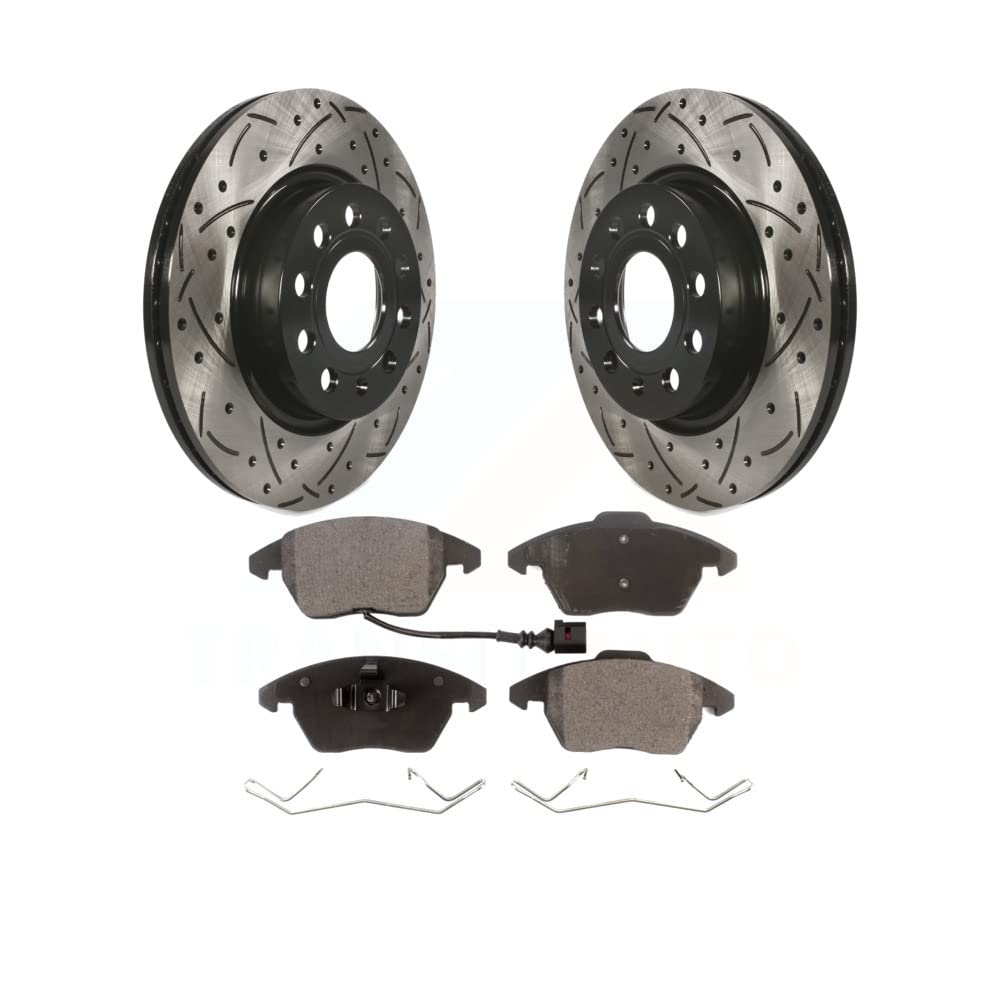 Transit Auto - Front Coated Drilled Slotted Disc Brake Rotors And Ceramic Pads Kit For Volkswagen GTI Audi A3 Quattro With 280mm Diameter Rotor KDT-100149