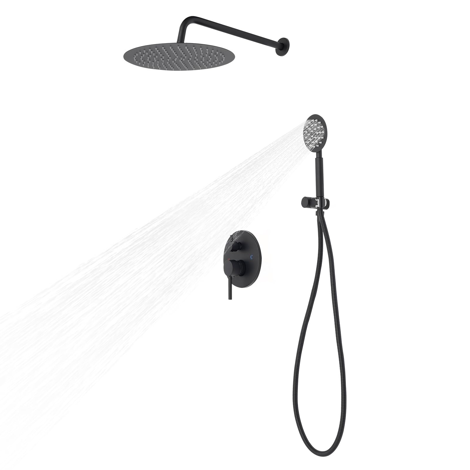 Sistema doccia, rubinetto doccia, doccia a pioggia, 30 cm, nero, montaggio | Doccia a pioggia da 30 cm, braccio doccia da 40 cm, doccetta, tubo, montaggio a parete, ottone/acciaio inox, nero