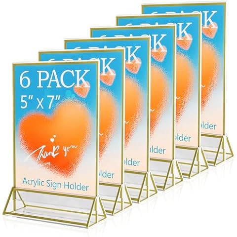 GPYG 6 Pack 5x7 Acrylic Sign Holder, Double Side Clear Sign Holders Picture Photo Frames, Menu Flyer Document Paper Display Stand for Office, Store, Table Number Holders for Wedding Party Cover