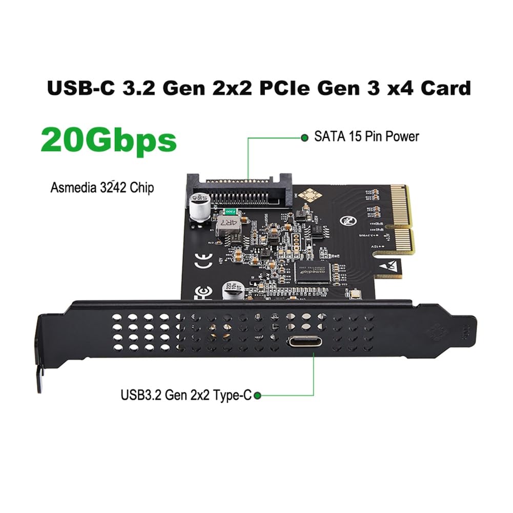 Tarjeta de Expansión USB-C 3.2 Gen 2x2 PCI-e Gen 3 X4 Type-C Chipset ASMedia ASM3242 de 20 Gbps con Alimentación SATA de 15