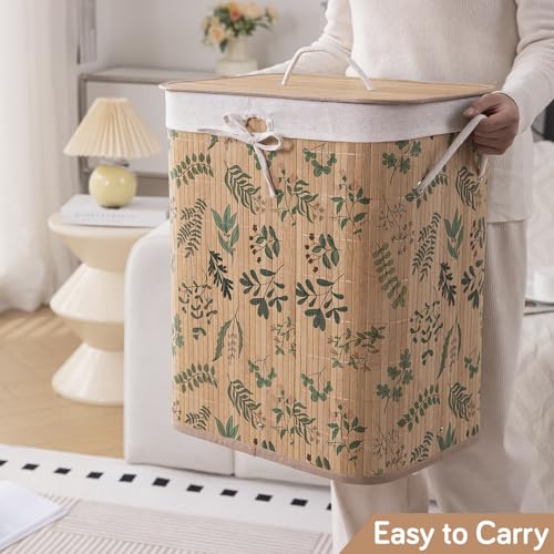 Image of HOKIPO Eco-Friendly Foldable Bamboo Laundry Basket Hamper with Lid, Large - 60 Liter, Fern Leaves (AR-5753), Multicolour