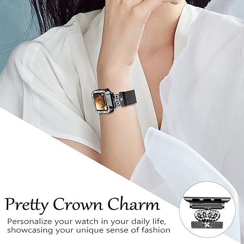 Magnetic Band Compatible with Apple Watch 38mm 40mm 41mm 42mm 44mm 45mm 46mm Stainless Steel Metal Strap with Bling Case and Built-in Screen Protector, Dressy Milanese Loop iWatch Bands for Women