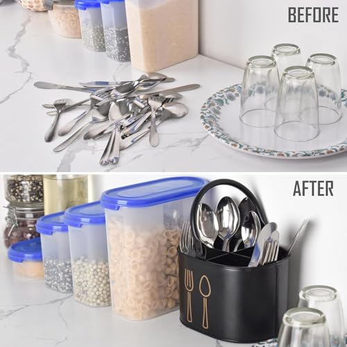 Image of Clazkit Plastic Cutlery Holder for Kitchen Counter | Rust-Resistant Spoon, Fork & Knife Organizer | Multipurpose Utensil Storage Basket | Black
