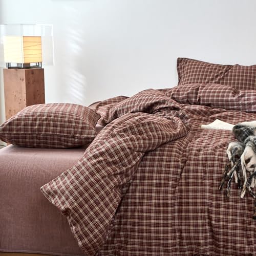 Image of EAVD Vintage Style Burgundy Gingham Duvet Cover King 100% Washed Cotton Like Linen Feel Soft Checkered Grid Plaid Bedding Set with 2 Pillowcases Farmhouse Grid Geometric Duvet Cover with Zipper