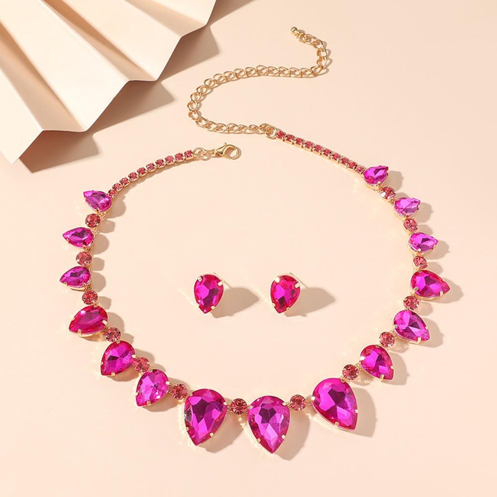 Octwine Silver Colorful Rhinestones Women Bridal Necklace Earrings Set Wedding Rhinestone Necklace Dangle Earrings Sets for Brides Bridesmaid Pink Crystal Prom Party Accessories for Women image 4
