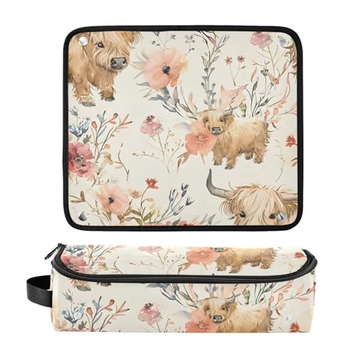Organizador de Herramientas para Peinar el Cabello, con diseño de vacas de las tierras altas y flores, portátil con tapete resistente al calor para plancha alisadora, rizadora y otras herramientas de peinado miniatura 3