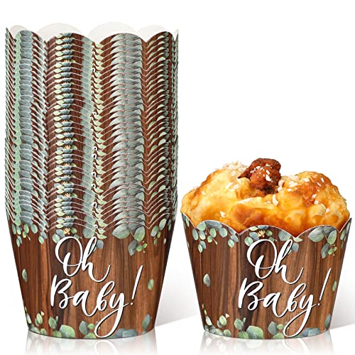 Hoolerry 36Pcs Baby Cupcake Wrappers Greenery Baby Shower Greenery Jungle Wrappers Eucalyptus Green Cupcake Liners Greenery Decorations cake Holders for Gender Reveal Wedding Party