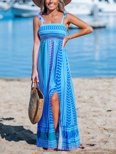 Image of CUPSHE Women Paisley Smocked Tie Strap Slit Ruffled Maxi Dress | Square Neckline, High Elastic Bodice, Side High Split, Flowy A Line Long Sundress, Summer Casual Beach Resort Travel Outfit