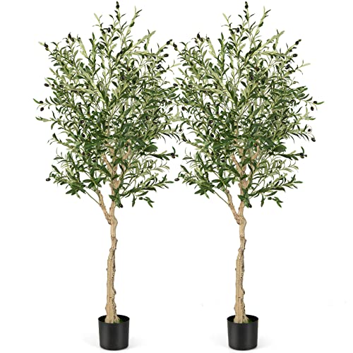 Giantex 2-Pack Artificial Olive Tree, 1.85m Tall Faux Plants in Cement Pot, Topiary Silk Potted Tree with1296 Leaves, 72 Fruits, Indoor & Outdoor Greenery for Home Office Green