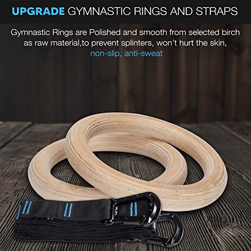 UPGRADE Wooden Gymnastic Non- Slip Rings with Heavy Duty Adjustable Straps - Olympic Gym Ring for Strength Training, Workout, Bodybuilding, Cross Training, Fitness, Pull-Ups and Dip