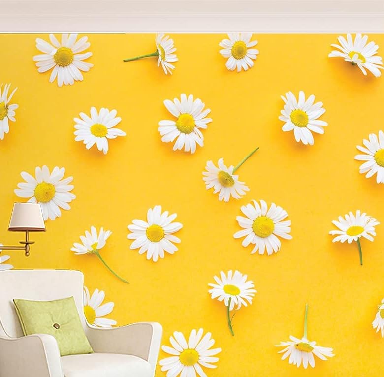 Nimbose® Self-Adhesive Botanical White Flowers On Orangish Yellow Wallpapers, Peel & Stick Wall Stickers for Home Decor, Living Room, Bedroom, Kids Room (5 Meters, 45 x 500 cm Qty: 1) 2