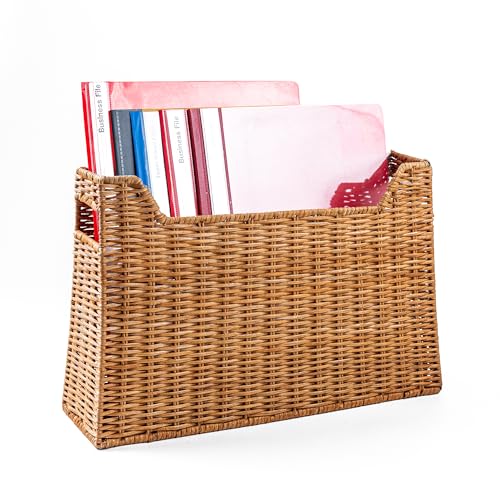 Wicker Magazine Basket – Handwoven Book & Newspaper Holder, Natural Rattan Storage Bin with Handles for Living Room, Office & Bathroom Organization (Natural Honey)