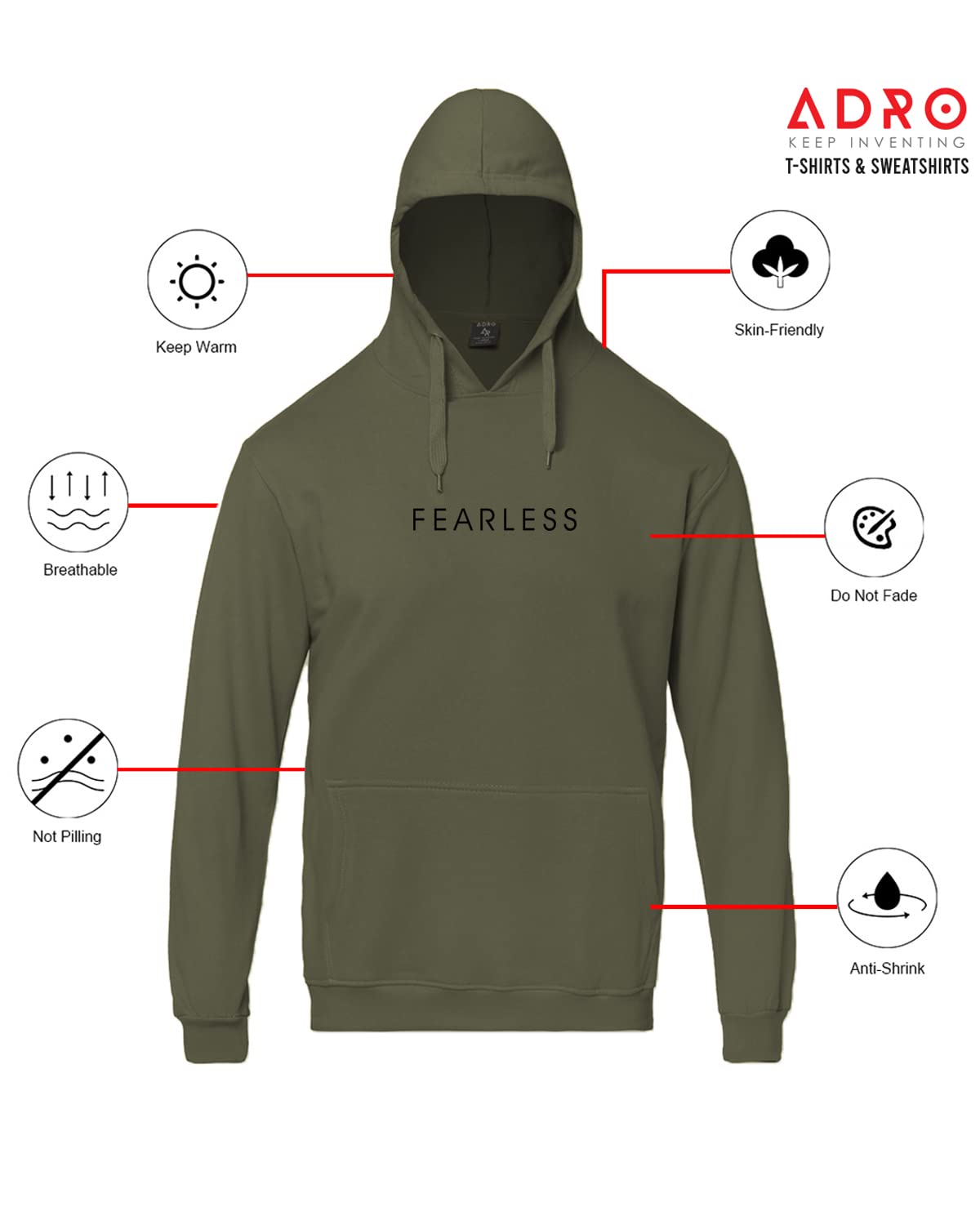 ADRO Męska bluza z kapturem z nadrukiem Fearless, beżowa, 42
