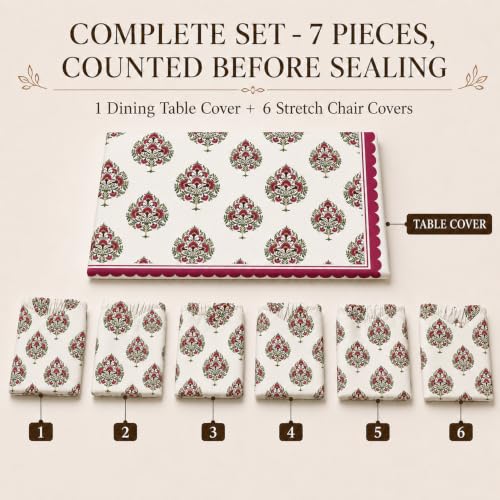 Image of Cloth Fusion Dining Table Cover with 6 Chair Covers, 6 Seater Table Cloth | Table cover and every chair cover in one matching print; 4-way stretch chair covers; 6 designs; washable, not PVC