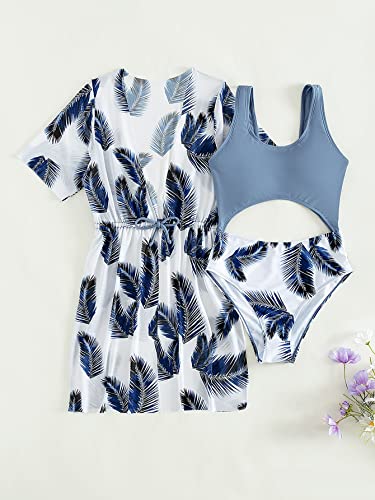 Milumia Girl's 2 Piece Tropical Leaf Print Cut Out Swimsuit Bathing Suit With Kimono Coverup Blue And White 14 Years #TOP1