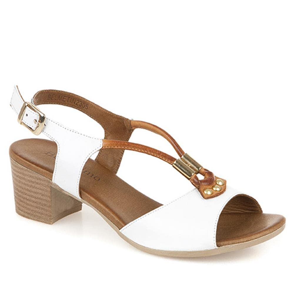 Bellissimo Ladies Leather Slingback Sandal - White-Tan Size 7 (40)