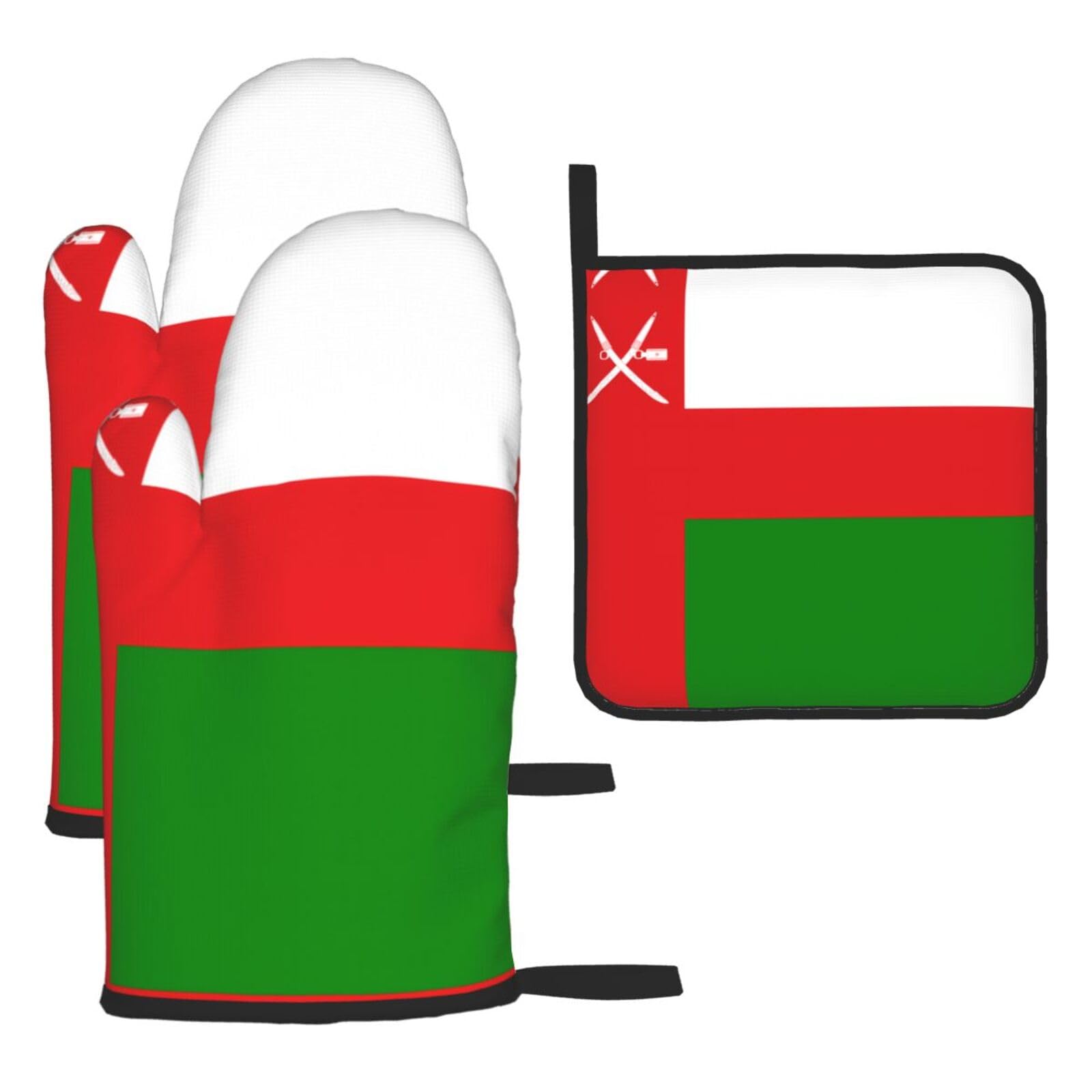 Flag of Oman Oven mittens and oven mitts three-piece set suitable for oven, grilling, baking, microwave and home cooking.