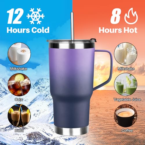 Image of 20 oz Tumbler with Handle, Stainless Steel Insulated Tumblers with Lid and Straw, Double Wall Vacuum Insulated Tumbler, Insulated Travel Mug Coffee Cup for Cold and Hot (Purple Navy blue)