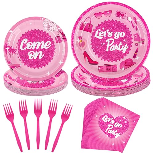 Kochorie 96 Pieces Lets Go Girls Party Supplies Hot Pink Birthday Disposable Paper Plates Napkins Plastic Forks for Western Disco Birthday Bachelorette Pink Party Decorations Serve 24 Guests