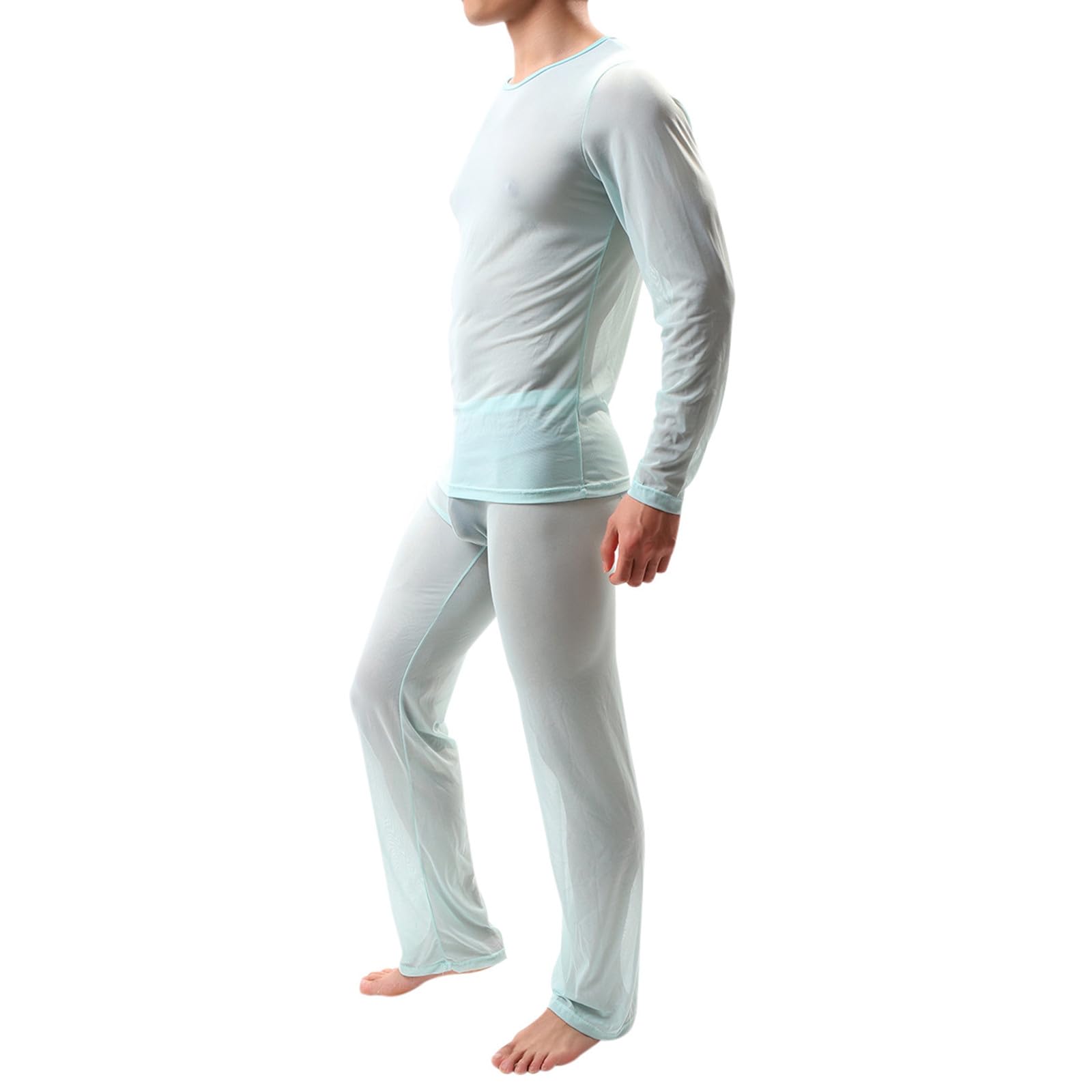 Ropa interior fina y transparente para hombre, pijama largo sin mangas de malla, cómodo de dos piezas, camisón transparente, top con boxer, ropa de dormir sexy