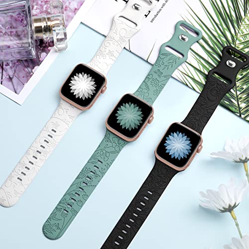 3 Pack Floral Engraved Bands Compatible With Apple Watch Band 40Mm 41Mm 38Mm 42Mm 44Mm 45Mm 49Mm Women,Soft Silicone Cute Wildflowers Sport Laser Strap For Iwatch Bands Series Ultra Se 8 6 5 4 3 2 1 #TOP1