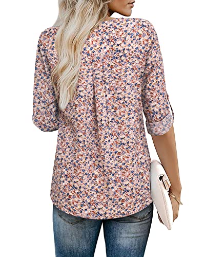 Youtalia Long Sleeve Dress Shirts For Women, Juniors Chiffon Formal Tops 3/4 Sleeve Fall Career Blouses Fashion V Neck Shirts Polyester Printed Tunic Tops Interview Clothes Floral Pink Blue X-Large #TOP2