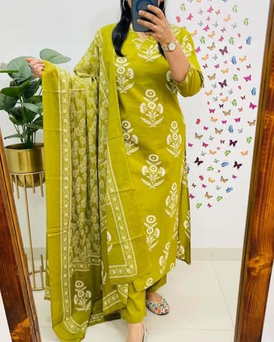 Image of Rangnavi Women's Floral Printed Stright Kurta with Pant & Dupatta Set | Kurta set