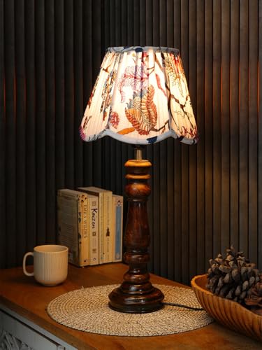 Image of Green Girgit Wooden Classic Lamp with Pleeted Multicolor Red Floral Lotus Shape Lamp Shade