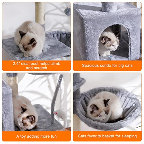 Image of Heybly Cat Tree with Toy, 43.3 inch Cat Tower for Indoor Cats HCT004W | Cat Condo with Durable Sisal Scratching Posts, Cat House with Padded Plush Perch, Cozy Hammock, Light Gray
