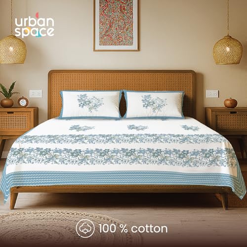 Image of Urban Space 100% Cotton Jaipuri Handblock Printed King Bedsheet with 2 Pillow Covers, 200 TC Cotton King Bed Sheet (Size 108 x 108 inches, Taarini Blue)