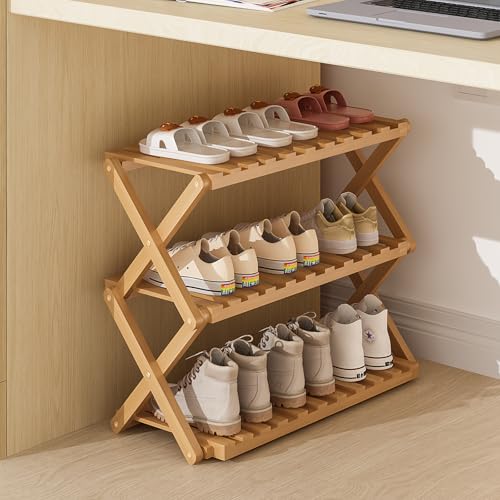 SKW 竹製 折りたたみ シューズラック 組み立て不要、玄関 コンパクト 多機能 収納 (ナチュラル, 幅50cm (3層))