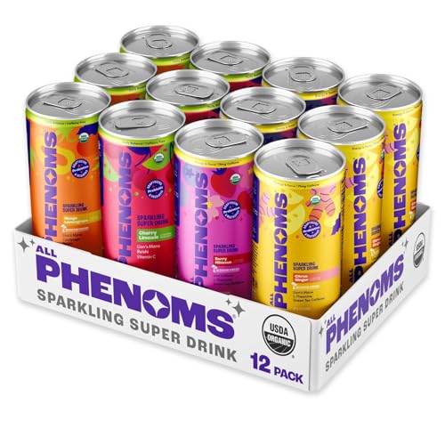 All Phenoms Sparkling Organic Prebiotic & Probiotic Drink - Adaptogen Mushroom Blend (Lions Mane & Reishi), L-Theanine, Caffeine, Fiber, B12, C, Zinc Gluconate (No Stevia) - Variety Pack, 12 Pack