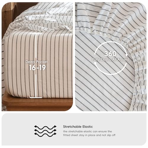 Image of MooMee Striped Sheet Set 100% Washed Cotton Linen Like King | Relaxed Linen-like Texture. Soft, Breathable & Lightweight Comfort. 15-19 inch Extra Deep Pocket with All-around Elastic