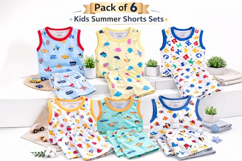 Image of Tinchuk Cotton Sleeveless T-Shirt and Shorts Hero Print Set Pack of 12 (6 Tshirt + 6 Shorts) Multi-Coloured 