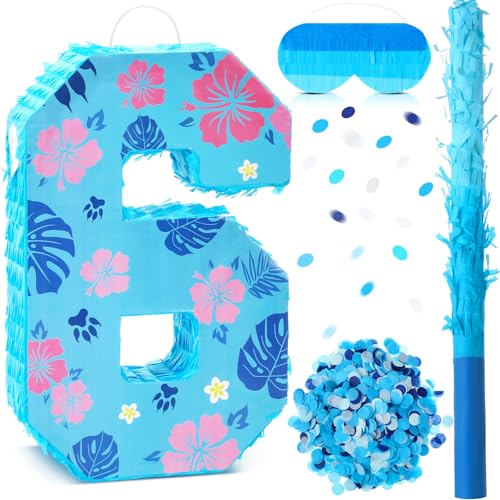 Tasdurian Hawaii Number 6 Piata 16 Inch Blue Tropical Theme Piata with Stick Blindfold Confetti for Birthday Party Supplies Decorations Anniversary Celebration
