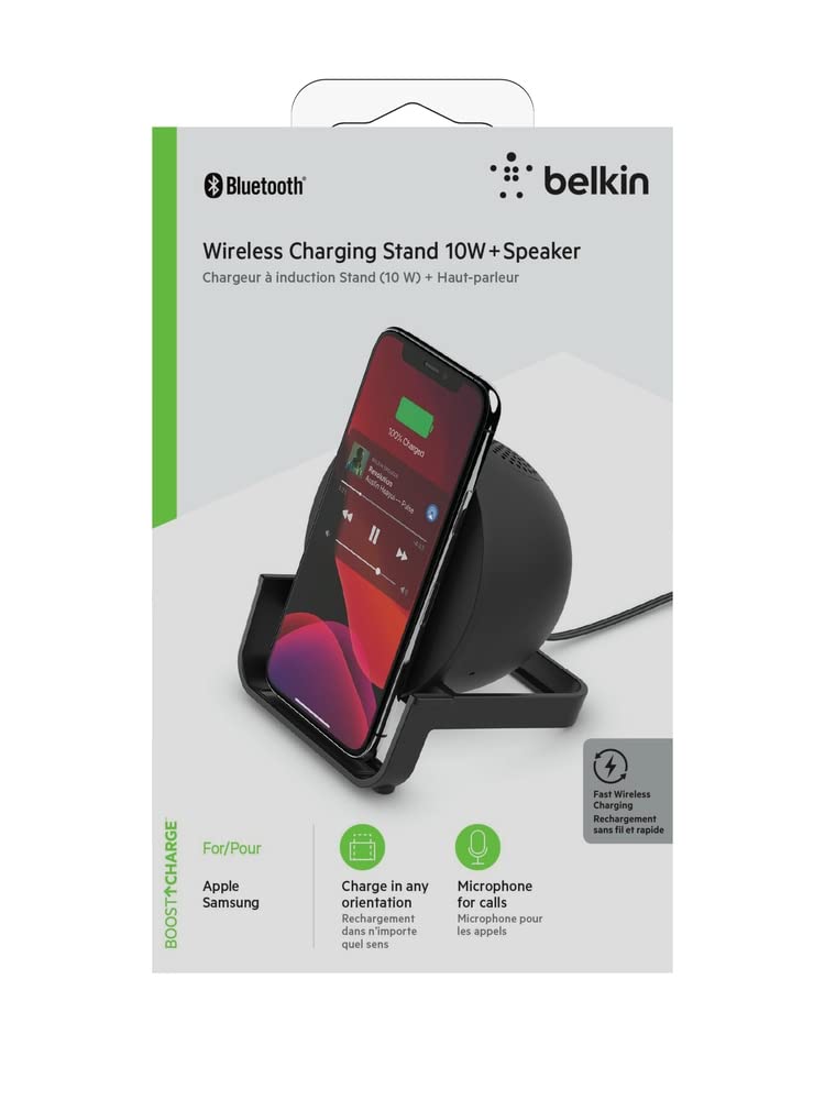 Belkin Chargeur à induction Stand et enceinte (recharge sans fil, enceinte Bluetooth, recharge pendant l'écoute de musique, le streaming de vidéos et le lancement d'appels vidéo, noir)