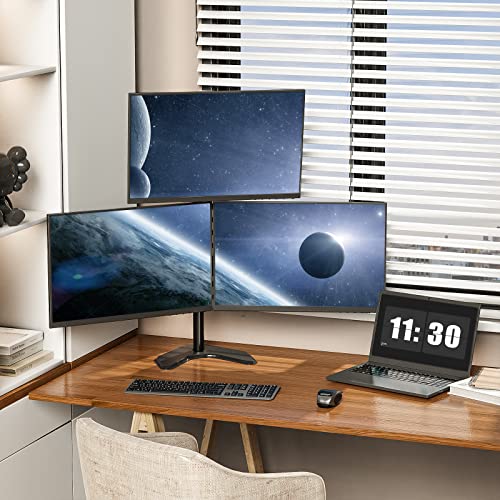 Image of WALI Triple Monitor Stand, Free Standing Three Monitor Desk Mount Fully Adjustable, Fits 3 Screens up to 27 inch, 22 lbs Weight Capacity per Arm (MF003S), Black