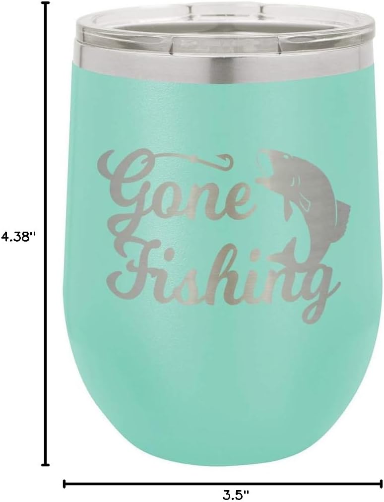 GONE FISHING Teal 12 oz Stemless Wine Glass With Lid | Custom Engraved With Funny Quotes and Sayings | Stainless Steel Wine Tumbler | OnlyGifts.com