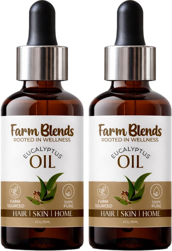 Image of Farm Blends Eucalyptus Nilgiri Essential Oil 100% Undiluted Pure | for Steam Inhalation, Cough Relief, Relaxes Muscle, Diffuser | Farm To Home Natural | Eucalyptus globulus| 15ml+15ml (Pack of 2)