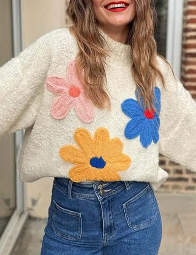 Image of Yimoon Women's Cropped Floral Sweater 2024 Fall Winter Cute Crochet Flower Long Sleeve Knit Pullover Tops(White-M), Medium